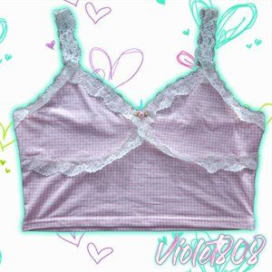 [L] Pink/White Gingham Plaid Lace Floral Longline Bra/Bralette Cami Top